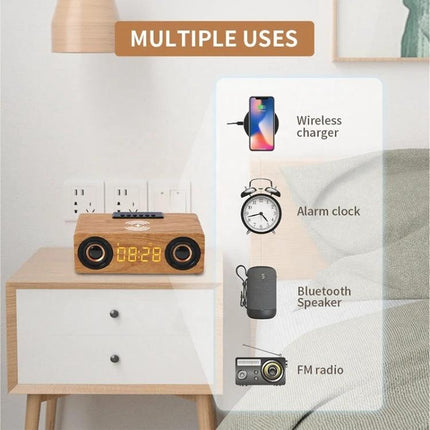 Wooden Bluetooth Desk Speaker With Battery Power For Home on bedside table with clock display and wireless charging
