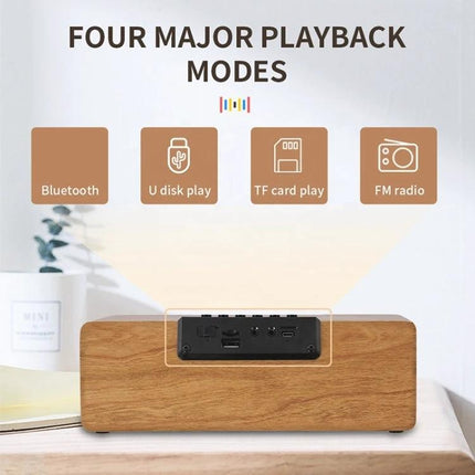 Wooden Bluetooth Desk Speaker With Battery Power For Home on desk showing ports, clock, alarm, wireless charging features