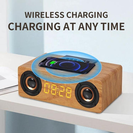 Wooden Bluetooth Desk Speaker With Battery Power For Home with wireless charging, digital clock, compact wooden desktop audio