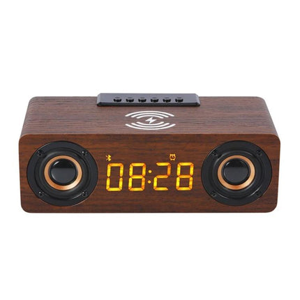 Wooden Bluetooth Desk Speaker With Battery Power For Home on desk showing clock display, dual drivers, wireless charging