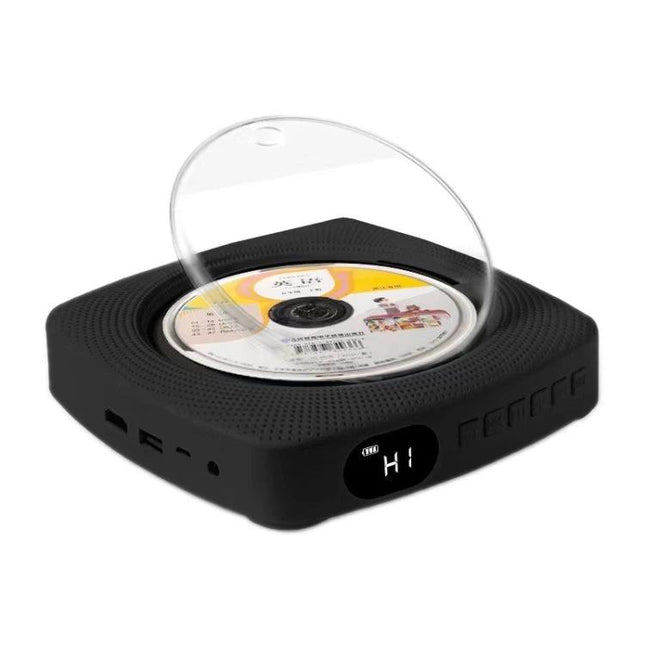 Kecag Wall Mounted DVD and CD Player with Bluetooth Connectivity black tabletop DVD player with open lid and disc