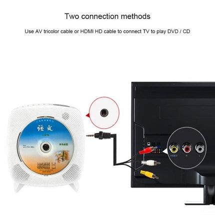Kecag Wall Mounted DVD and CD Player with Bluetooth Connectivity showing AV and HDMI connection options to TV, disc inserted