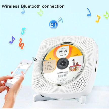 Kecag Wall Mounted DVD and CD Player with Bluetooth Connectivity white wall-mounted unit playing CD with smartphone Bluetooth