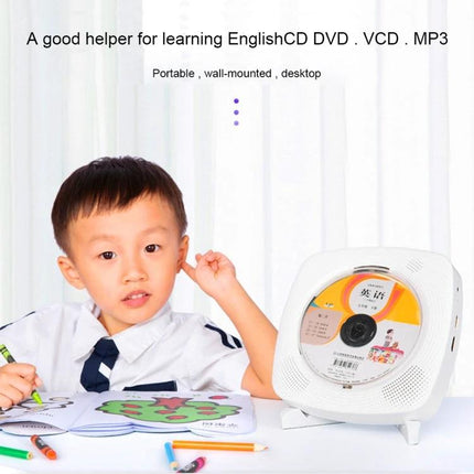 Kecag Wall Mounted DVD and CD Player with Bluetooth Connectivity shown wall-mounted on desk beside child studying with disc inserted