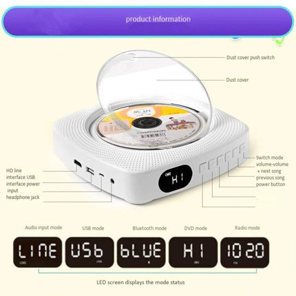Kecag Wall Mounted DVD and CD Player with Bluetooth Connectivity compact white wall-mountable unit with open disc tray and Bluetooth display