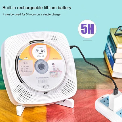 Kecag Wall Mounted DVD and CD Player with Bluetooth Connectivity showing built-in rechargeable battery, CD playback and USB charging on desk