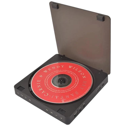 Kecag Portable Retro CD Player for Music on the Go in Black showing open player with red CD inside