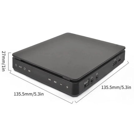 Kecag Portable Retro CD Player for Music on the Go in Black slim black portable CD player with front controls, USB and headphone ports, 135.5mm x 135.5mm x 27mm