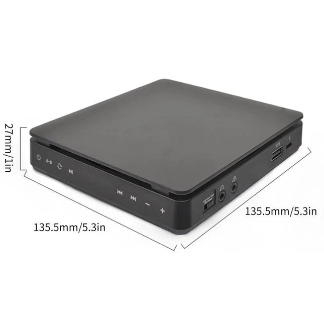 Kecag Portable Retro CD Player for Music on the Go in Black slim black portable CD player with front controls, USB and headphone ports, 135.5mm x 135.5mm x 27mm
