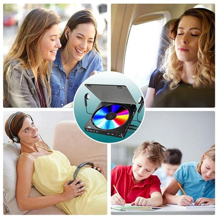 Kecag Portable Retro CD Player for Music on the Go in Black shown playing CDs with people enjoying music while commuting, relaxing, exercising