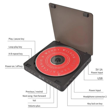Kecag Portable Retro CD Player for Music on the Go in Black - slim portable CD player with USB, headphone jack, and labeled controls