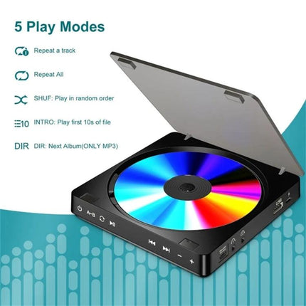 Kecag Portable Retro CD Player for Music on the Go in Black showing open lid and colorful disc, portable design and control buttons