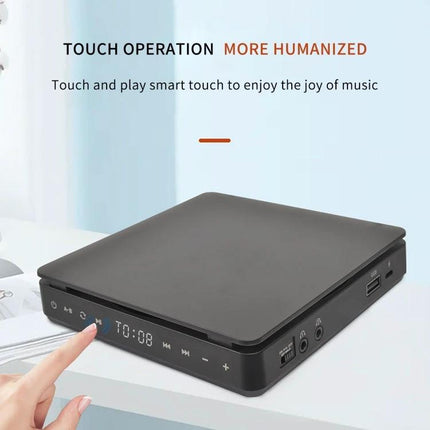 Kecag Portable Retro CD Player for Music on the Go in Black showing touch controls and LED display on a sleek portable black player