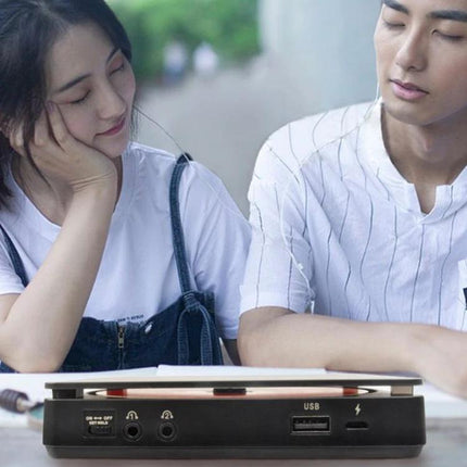 Kecag Portable Retro CD Player for Music on the Go in Black showing front ports and USB with people listening