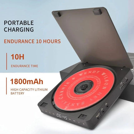 Kecag Portable Retro CD Player for Music on the Go in Black showing open lid, red CD, 10H endurance and 1800mAh battery