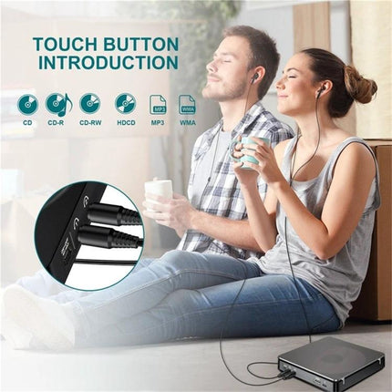 Kecag Portable Retro CD Player for Music on the Go in Black showing relaxed couple listening with earbuds, touch button icons and close-up ports