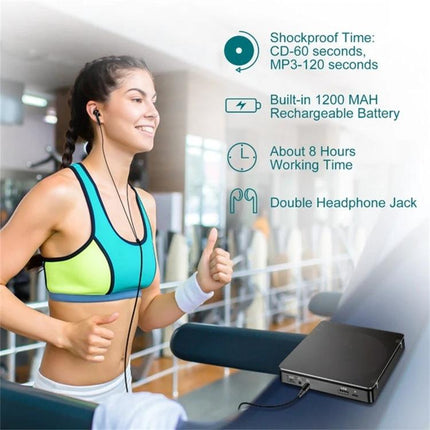 Kecag Portable Retro CD Player for Music on the Go in Black shown with woman jogging on treadmill and specs (1200mAh battery, 8h play, double headphone jack)