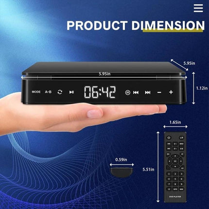 Kecag Plug-in Mini HD DVD Player for Home Entertainment in Black compact HDMI DVD player shown with dimensions and remote control