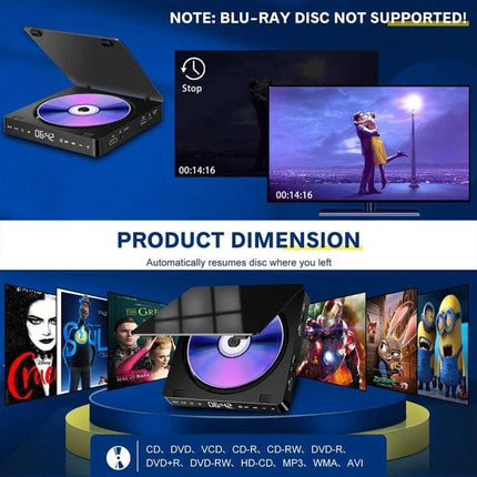 Kecag Plug-in Mini HD DVD Player for Home Entertainment in Black showing disc playback, HDMI TV connection and compact design