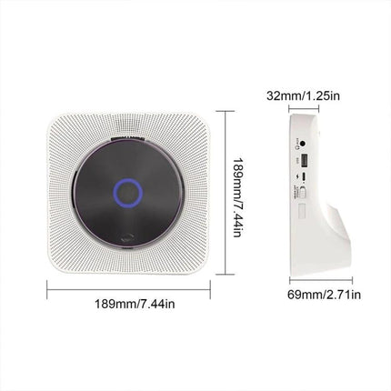 Kecag Retro Bluetooth CD Player with Rechargeable Battery white top and side dimensions showing ports and measurements