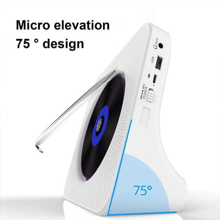 Kecag Retro Bluetooth CD Player with Rechargeable Battery angled profile showing 75° stand, USB port and CD tray