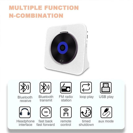 Kecag Retro Bluetooth CD Player with Rechargeable Battery white portable unit showing CD slot and icons for Bluetooth, USB, FM, aux and playback features