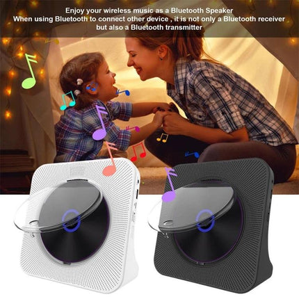 Kecag Retro Bluetooth CD Player with Rechargeable Battery shown in white and black playing music in family tent scene