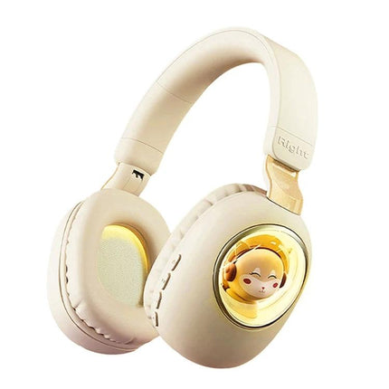 Kids Bluetooth Headphones With Cat Or Squirrel Design And RGB Lights beige adjustable kids headset with cartoon badge
