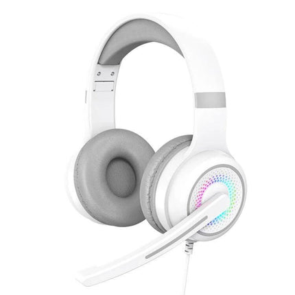 Wired Stereo Gaming Headset With Mic For PC Gaming Sessions white over-ear headset with mic and RGB earcup lights