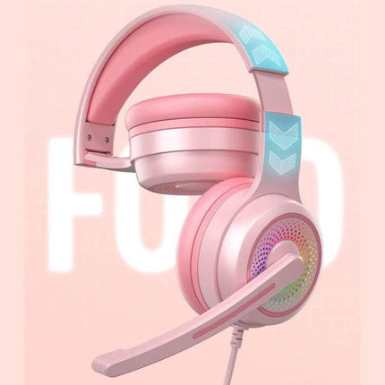 Wired Stereo Gaming Headset With Mic For PC Gaming Sessions pink over-ear headset with mic and 3.5mm cable, RGB accents