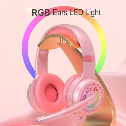 Wired Stereo Gaming Headset With Mic For PC Gaming Sessions pink RGB ears LED light with 3.5mm wired connection