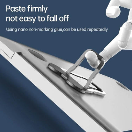 Ergonomic Foldable Laptop Stand for Comfortable Viewing showing adhesive base stuck to tablet with robotic fingers