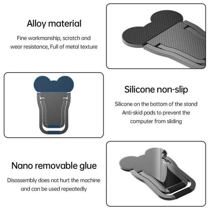 Ergonomic Foldable Laptop Stand for Comfortable Viewing showing alloy material, silicone non-slip pads and nano removable glue features