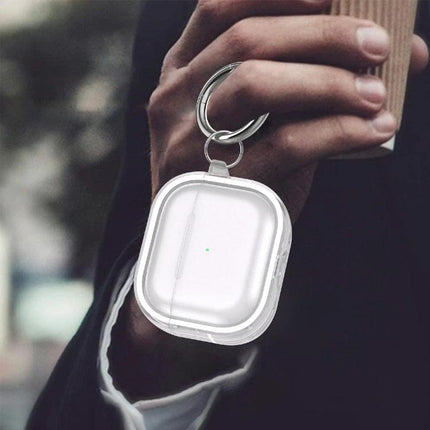 AirPods Case for Everyday Protection and Travel Use - clear PC+TPU protective case with keyring shown hanging from hand, travel-ready