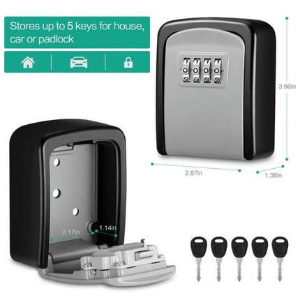Aluminum Alloy Key Storage Box with 4-Digit Password Lock shown open with keys, dimensions and secure wall mount