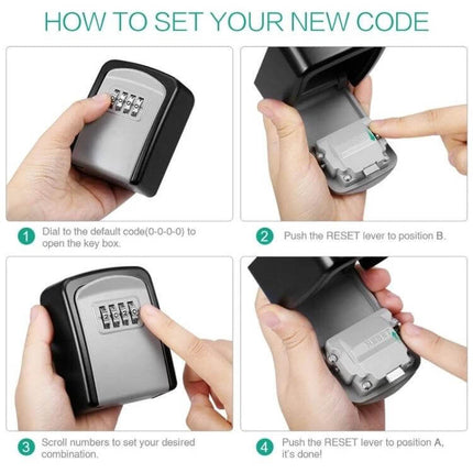 Aluminum Alloy Key Storage Box with 4-Digit Password Lock showing steps to set a new code and open the key box