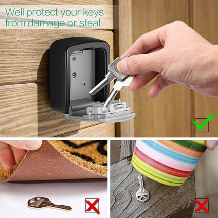 Aluminum Alloy Key Storage Box with 4-Digit Password Lock mounted on wall storing spare keys securely, durable aluminum protection