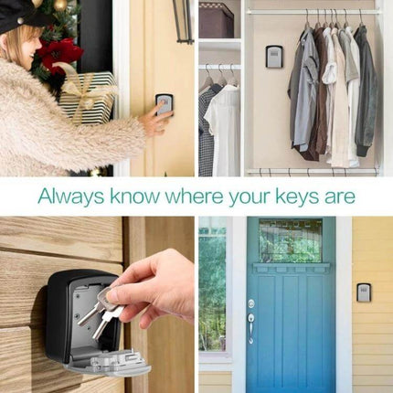 Aluminum Alloy Key Storage Box with 4-Digit Password Lock mounted near front door showing keys stored securely