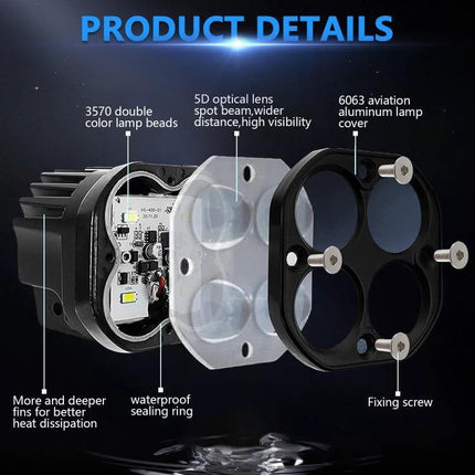 Car 3 Inch Two Color Spotlight For Driving Illumination exploded view showing 3570 double color lamp beads, 5D optical lens, waterproof sealing ring and aluminum cover