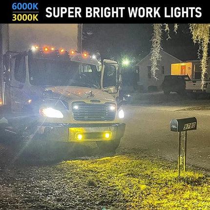 Car 3 Inch Two Color Spotlight For Driving Illumination mounted on truck bumper showing white and amber beams lighting driveway at night