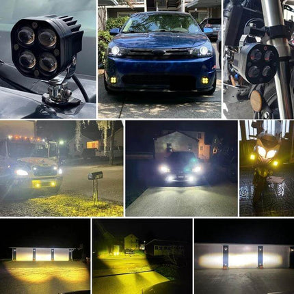 Car 3 Inch Two Color Spotlight For Driving Illumination mounted on vehicles showing warm and cool beam patterns night demonstration