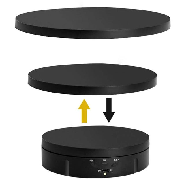 Electric Rotating Display Stand for Jewelry with Remote Control showing removable black rotating platform and base with USB power port