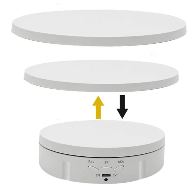 Electric Rotating Display Stand for Jewelry with Remote Control - white rotating platform with removable top and USB power port
