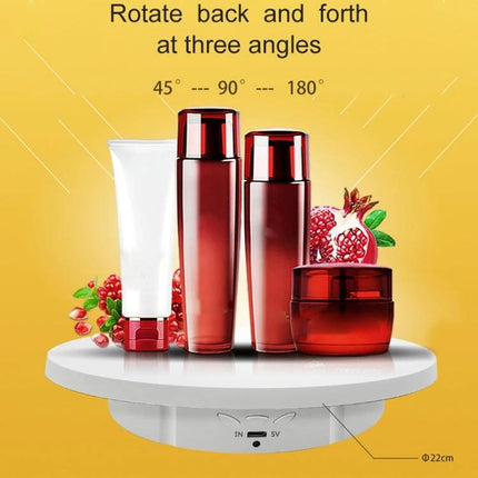 Electric Rotating Display Stand for Jewelry with Remote Control showcasing skincare bottles on rotating platform for 360° product photography