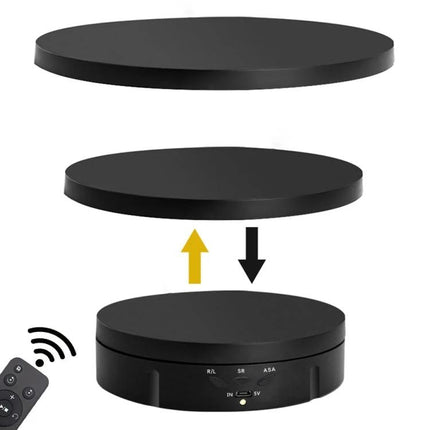 Electric Rotating Display Stand for Jewelry with Remote Control showing black rotating platform, remote and detachable top, quiet motor