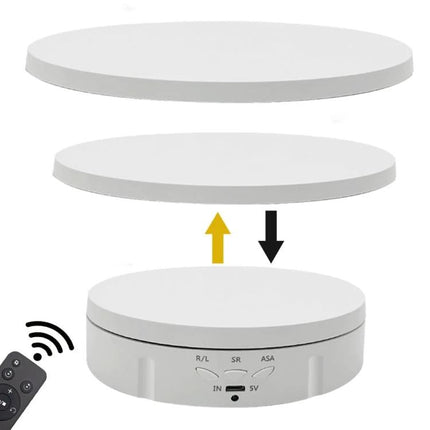 Electric Rotating Display Stand for Jewelry with Remote Control showing white rotating platform, quiet motor and remote for 360° product photography