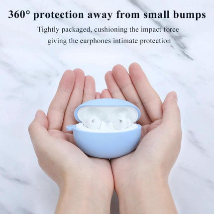 Protective Silicone Cover for OPPO Earphones in Daily Life - light blue case showing 360° protection, charging port access, held in hands