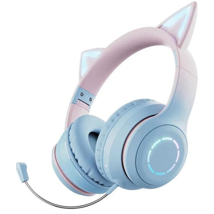 Cat Ear Wireless Headphones With RGB Lights For Calls pink blue Bluetooth 5.0 detachable mic foldable