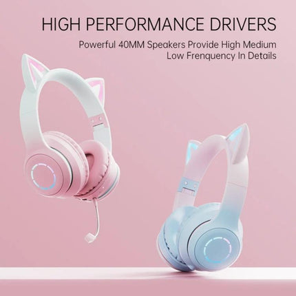 Cat Ear Wireless Headphones With RGB Lights For Calls pink and blue cat-ear Bluetooth headset with detachable mic and foldable hinge