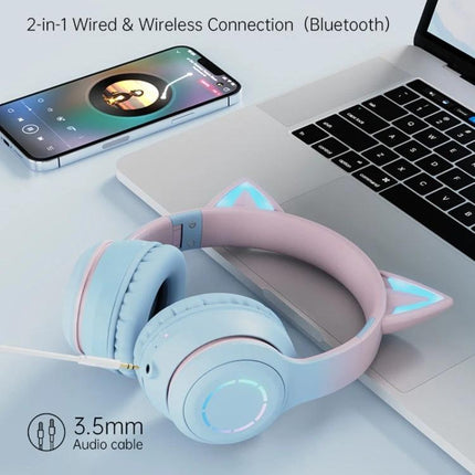 Cat Ear Wireless Headphones With RGB Lights For Calls pastel blue foldable Bluetooth headset with detachable mic, RGB ears